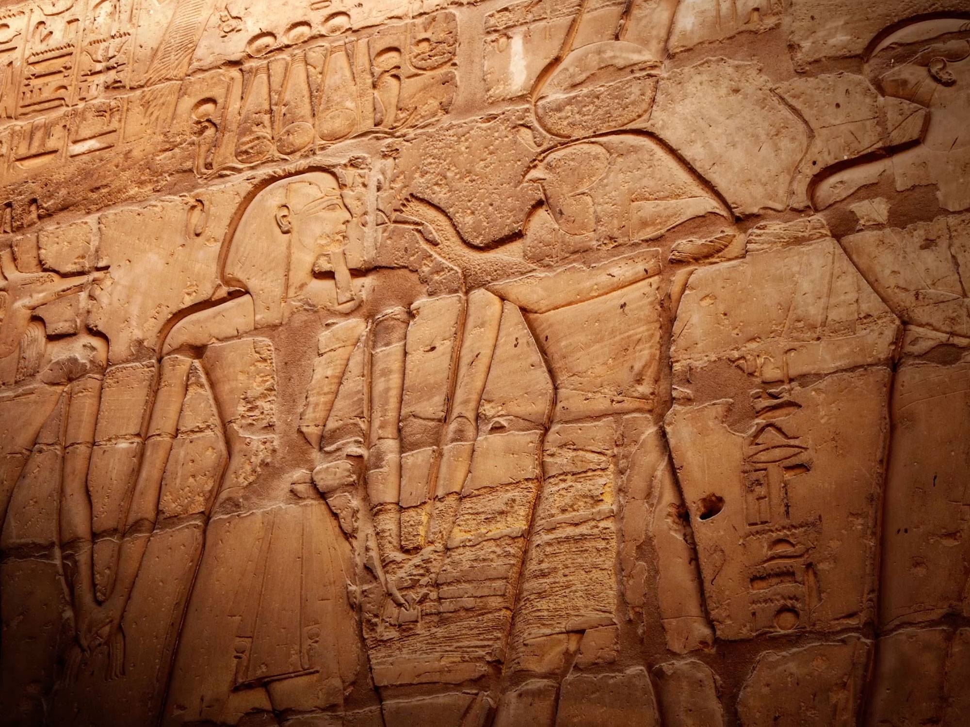 Ancient Egyptian wall carvings on a sandstone.