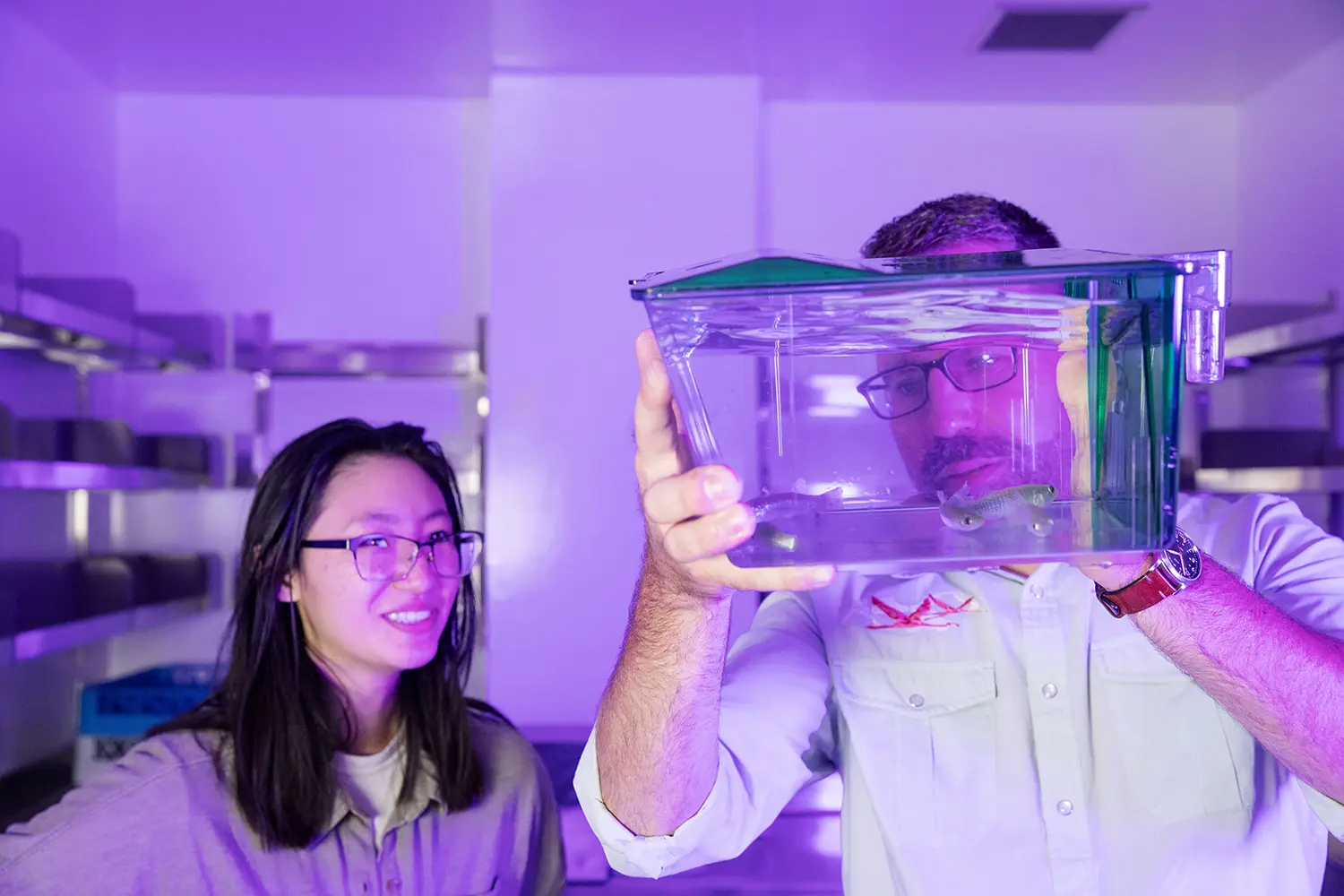 A Skidmore faculty member and a student work with fish in a biology lab. 
