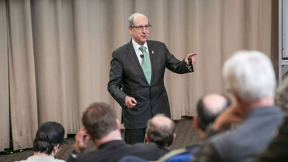 Frederick Lawrence speaks during a public talk, “Free Speech on Campus in Challenging Times,” as part of his three-day residency at Skidmore.  