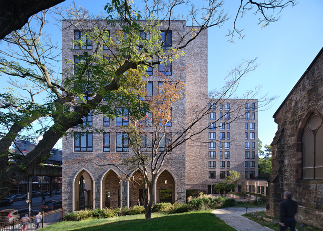 An exterior view of St. James Terrace in the Bronx, New York