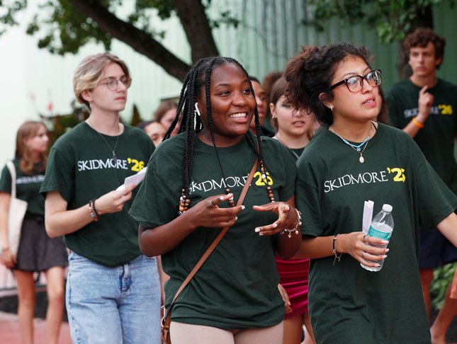 Members of Skidmore College’s Class of 2026 walk together during Convocation at the start of the academic year.