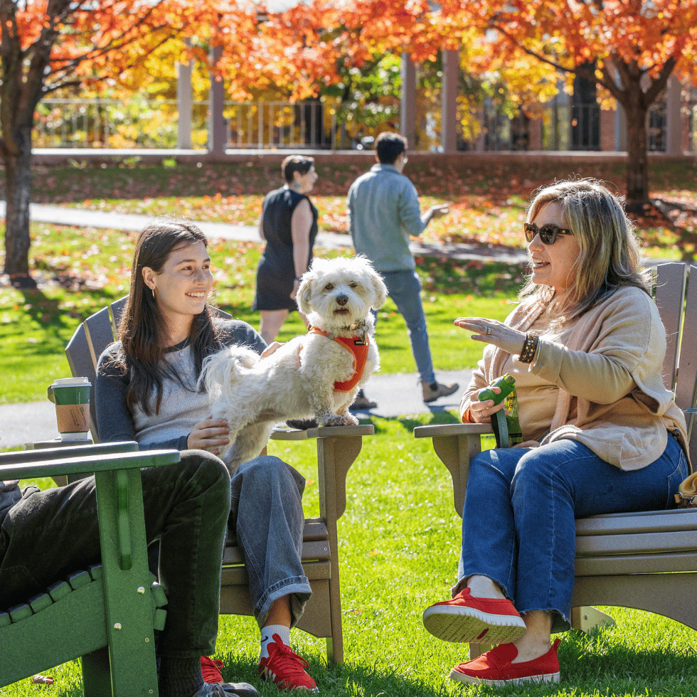 A student and their family sitting in Adirondack chairs in Case green, smiling and talking.