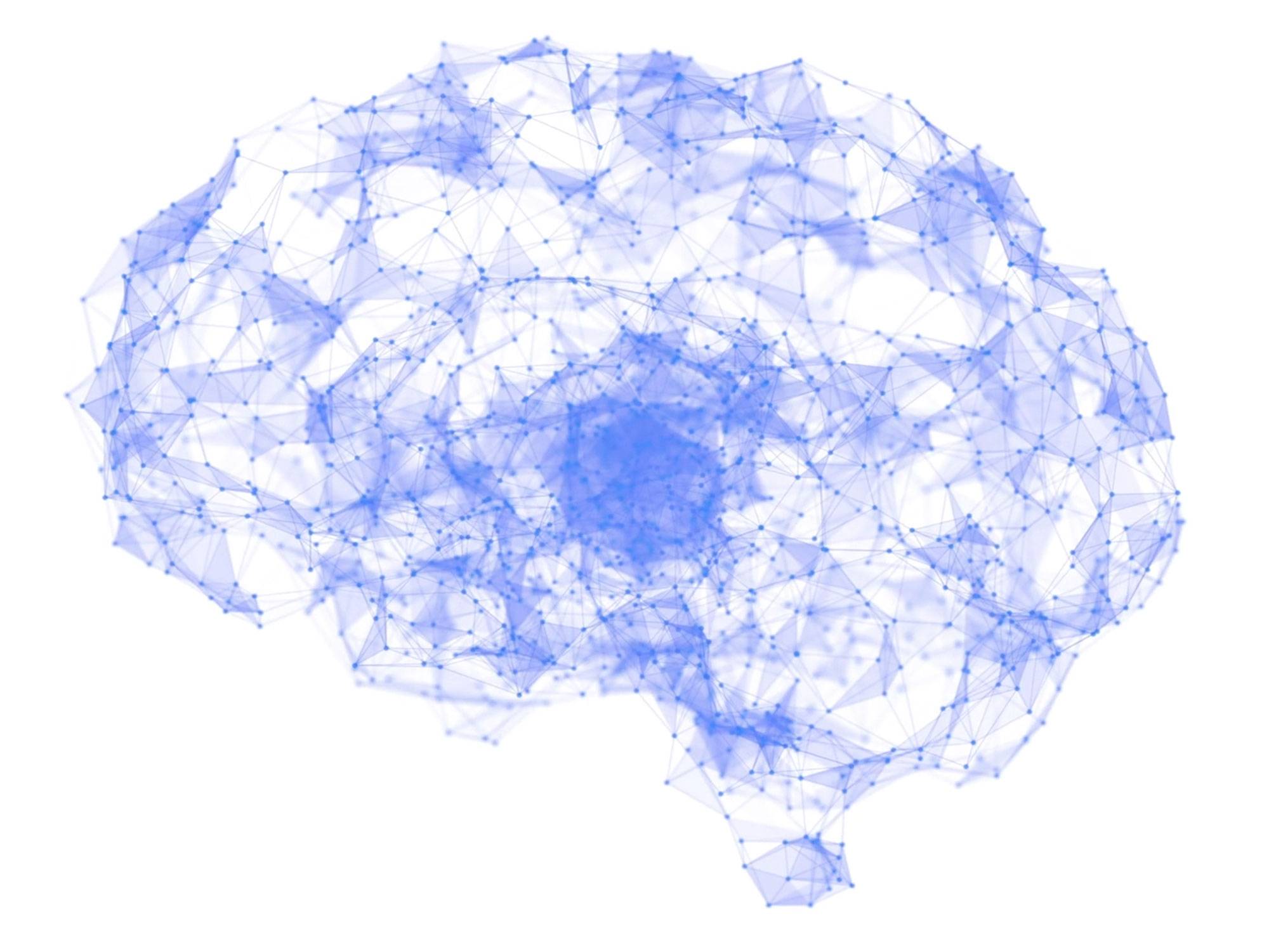 Abstract blue network of interconnected points and lines forming the shape of a human brain.