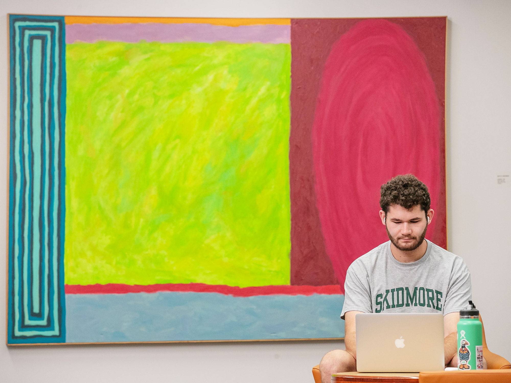 Student sits in the library working on their labtop with colorful artwork in background
